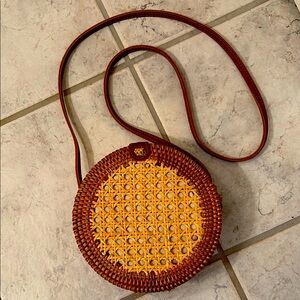 Handcrafted Woven Round Bag - Brown and Yellow